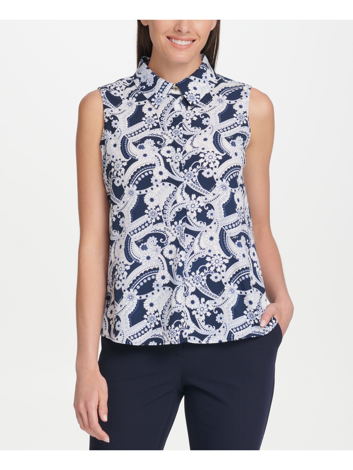 TOMMY HILFIGER Womens Blue Paisley Sleeveless Collared Top Size XS